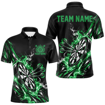 Maxcorners Custom Black And Green Flame Dartboard Dart Team Men Polo Shirt, Dart Jersey