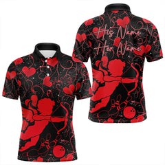 Maxcorners Black And Red Custom Valentines Day Bowling Polo Shirts, Bowling Couple Shirt