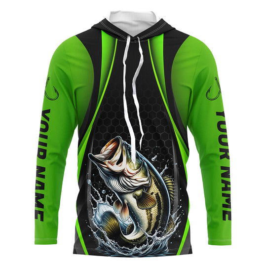 Maxcorners Custom Largemouth Bass Fishing Tournament Long Sleeve Fishing Shirts, Bass Fishing Jerseys | Green LM0201