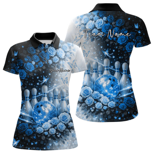 Custom Dreamy Blue Roses And Butterfly Women Bowling Polo Shirt, Ladies Bowling Shirt LM1203