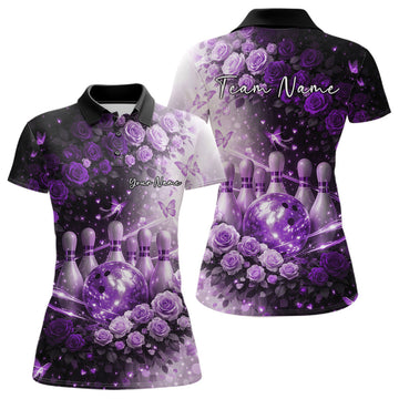 Custom Dreamy Purple Roses And Butterfly Women Bowling Polo Shirt, Ladies Bowling Shirt LM1203
