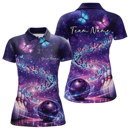 Custom Elegant Blue And Purple Butterfly Women Bowling Shirt, Ladies Bowling Team Outfit LM1203