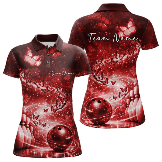 Custom Elegant Red Butterfly Women Bowling Shirt, Ladies Bowling Team Outfit LM1203