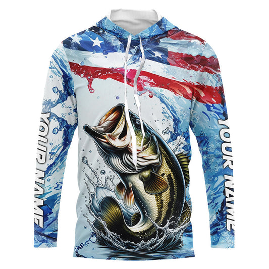 Maxcorners Personalized American Flag Bass Fishing Shirts, Patriotic Bass Long Sleeve Tournament Fishing Shirt LM0201