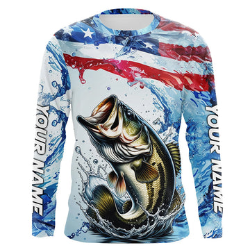 Maxcorners Personalized American Flag Bass Fishing Shirts, Patriotic Bass Long Sleeve Tournament Fishing Shirt LM0201