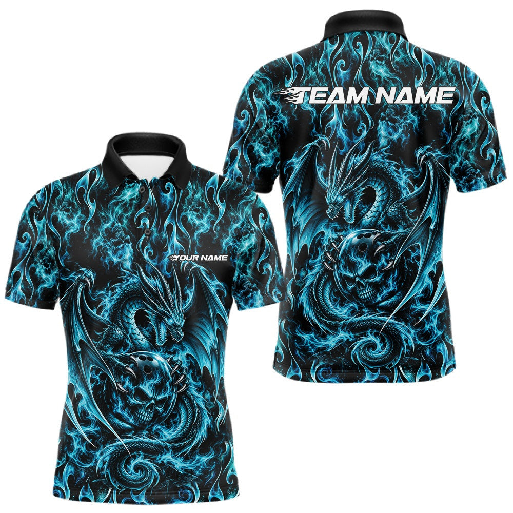 Maxcorners Blue Flame Dragon With Skull Bowling Ball Custom Bowling Men Polo Shirt Bowling Jersey