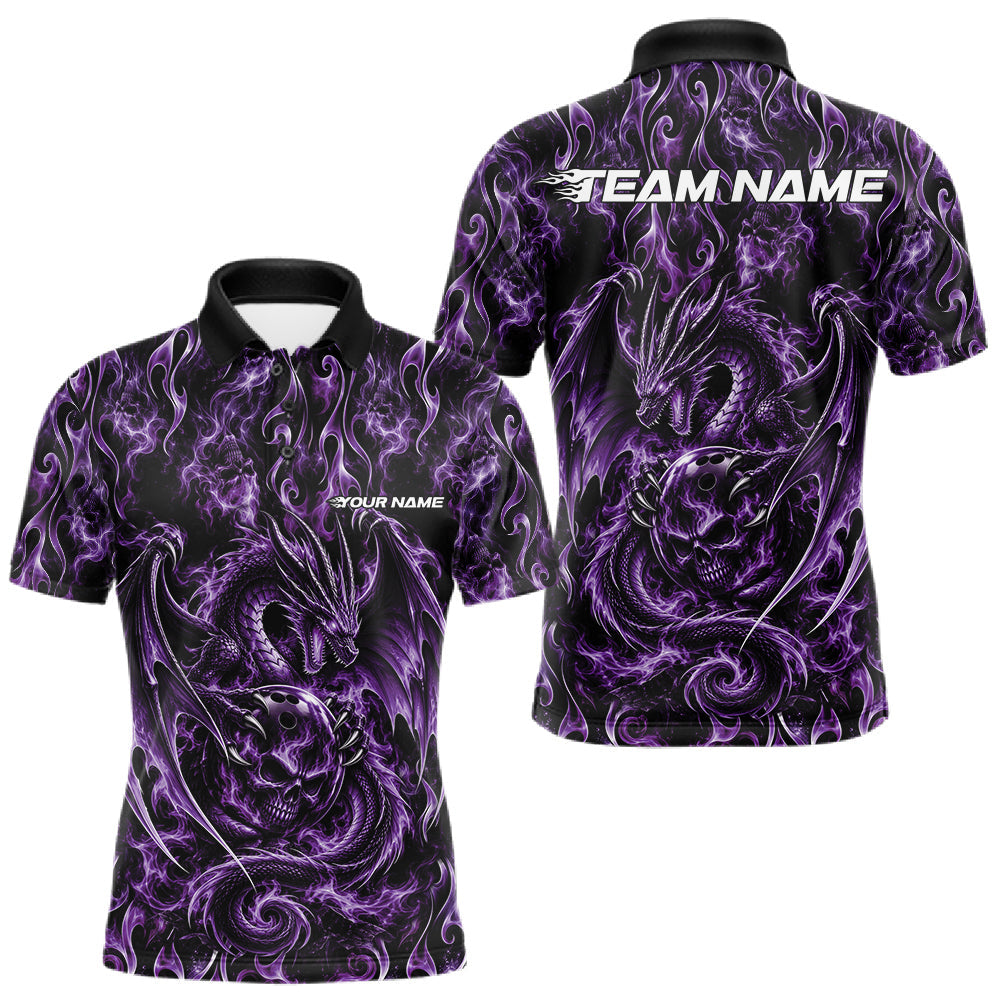 Maxcorners Purple Flame Dragon With Skull Bowling Ball Custom Bowling Men Polo Shirt Bowling Jersey