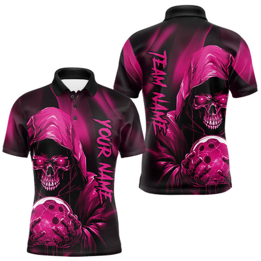 Maxcorners Pink Bowling Grim Reaper Custom Men Bowling Polo Shirts Skull Bowling Team Jerseys