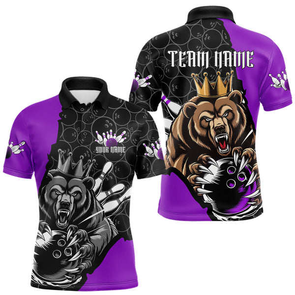 Maxcorners Black And Purple Custom Bear Bowling King Polo Shirts For Men, Bear Bowling Team Uniform