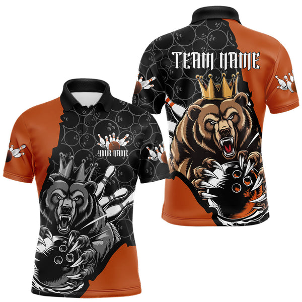 Maxcorners Black And Orange Custom Bear Bowling King Polo Shirts For Men, Bear Bowling Team Uniform