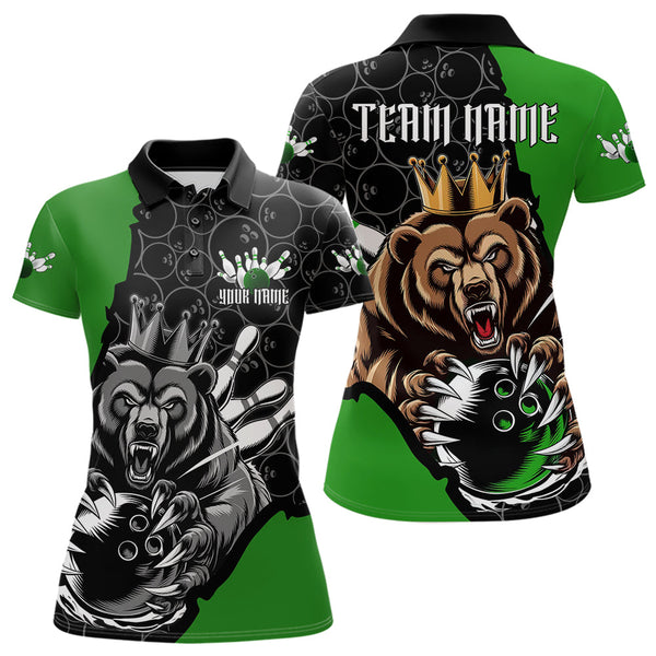 Maxcorners Black And Green Custom Bear Bowling King Polo Shirts For Men, Bear Bowling Team Uniform