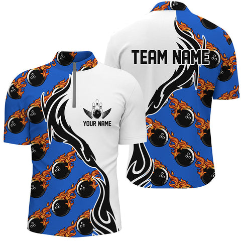 MaxCorners Bowling Ball And Pins Ball Flame Pattern 1 Customized Name, Team Name 3D Stand Collar Zipper Polo Shirt