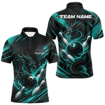 Maxcorners Custom Turquoise Blue Flame Dragon Bowling Jersey, Dragon Bowling Men Polo Shirt LM1508