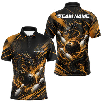 Maxcorners Custom Black And Yellow Flame Dragon Bowling Jersey, Dragon Bowling Men Polo Shirt LM1508