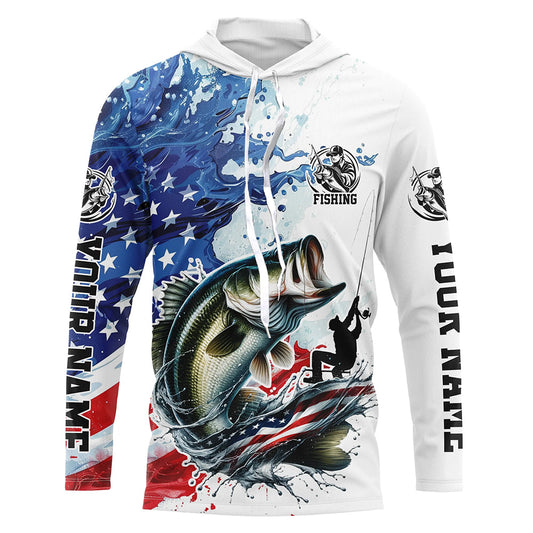Maxcorners Personalized American Flag Bass Long Sleeve Fishing Shirts, Patriotic Bass Fishing Jerseys LM0201