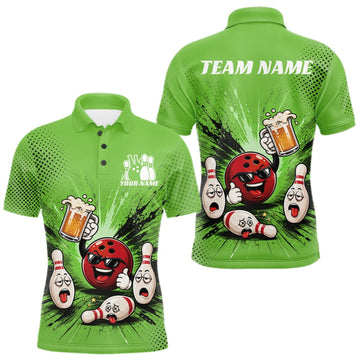 Maxcorners Custom Funny Beer Pitcher Bowling Men Polo Shirt, Green Bowling Party Shirt LM1508