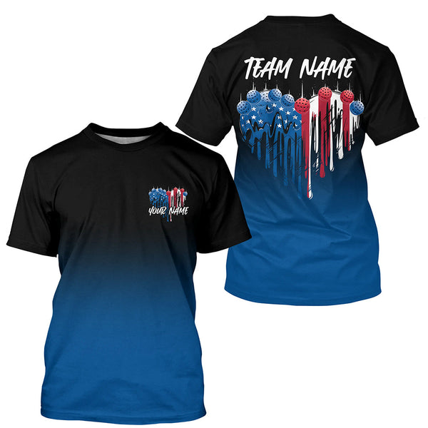 Maxcorners Custom Blue Patriotic Heart Pickleball Polo Shirts For Men, US Flag Pickleball Team Shirt