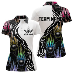 Maxcorners Colorful Rainbow Flame Ball Custom Bowling Team Men Polo Shirts, Fire Bowling League Shirt LM113