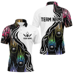 Maxcorners Colorful Rainbow Flame Ball Custom Bowling Team Men Polo Shirts, Fire Bowling League Shirt LM113