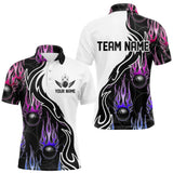 Maxcorners Blue Purple Pink Flame Ball Custom Bowling Team Men Polo Shirts, Fire Bowling League Shirt LM113