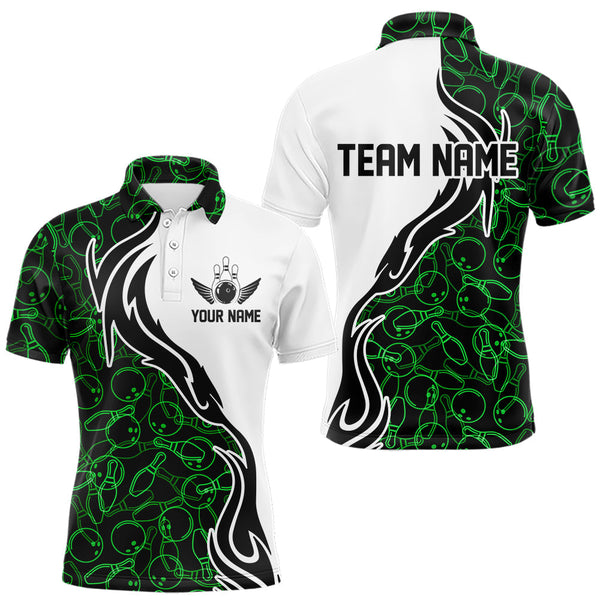 Maxcorners Black And Green Bowling Pattern Custom Bowling Team Men Polo Shirts, Bowling League Shirt LM113