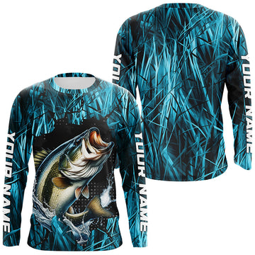 Maxcorners Largemouth Bass Fishing Custom Long Sleeve Tournament Shirts, Bass Fishing Jerseys | Blue Camo LM0201