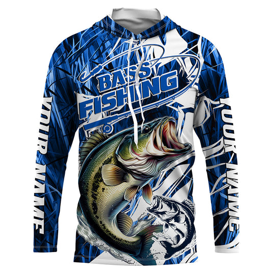 Maxcorners Personalized Largemouth Bass Long Sleeve Performance Fishing Shirts, Bass Fishing Jersey | Blue Camo LM0201