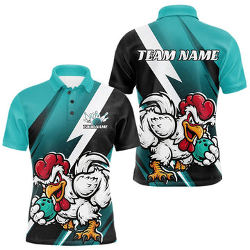 Maxcorners Custom Teal Blue Funny Bold Confident Chicken Bowling Shirt For Men, Bowling Jerseys LM1307