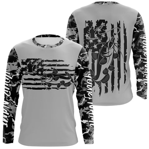 Maxcorners Custom Gray Camo US Flag Patriotic Catfish Fishing Long Sleeve Tournament Fishing Shirts MT2108