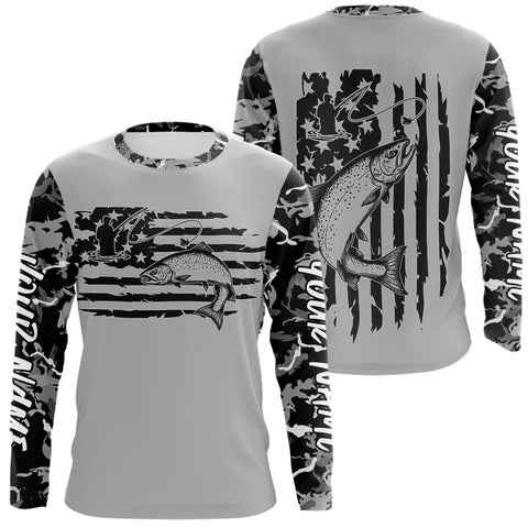 Maxcorners Custom Gray Camo US Flag Patriotic Trout Fly Fishing Long Sleeve Tournament Fishing Shirts MT2108