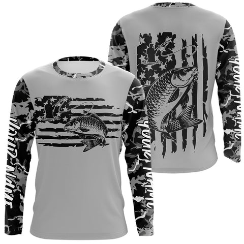 Maxcorners Custom Gray Camo US Flag Patriotic Carp Fishing Long Sleeve Tournament Fishing Shirts MT2108