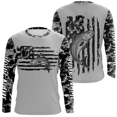 Maxcorners Custom Gray Camo US Flag Patriotic Redfish Fishing Long Sleeve Tournament Fishing Shirts MT2108