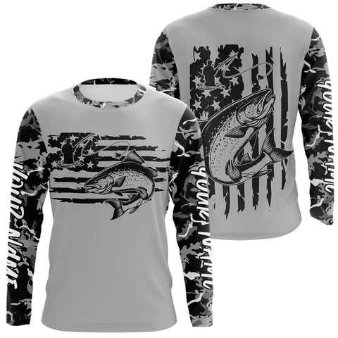 Maxcorners Custom Gray Camo US Flag Patriotic Salmon Fishing Long Sleeve Tournament Fishing Shirts MT2108