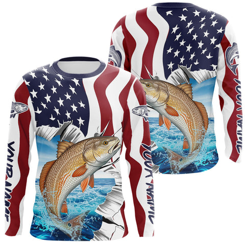 Maxcorners Custom Patriotic US Flag Redfish Long Sleeve Performance Fishing Shirt, Redfish Fishing Jersey MT2108