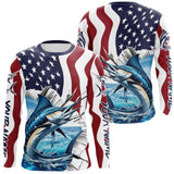 Maxcorners Custom Patriotic US Flag Marlin Long Sleeve Performance Fishing Shirt, Marlin Fishing Jersey MT2108
