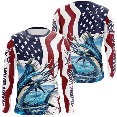 Maxcorners Custom Patriotic US Flag Marlin Long Sleeve Performance Fishing Shirt, Marlin Fishing Jersey MT2108