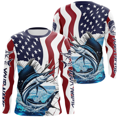 Maxcorners Custom Patriotic US Flag Sailfish Long Sleeve Performance Fishing Shirt, Sailfish Fishing Jersey MT2108