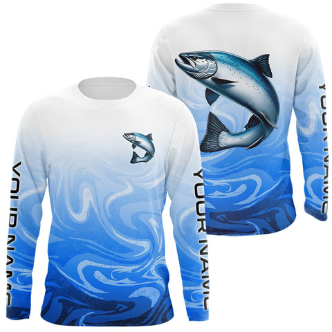 Maxcorners Blue Camo Chinook Salmon Fishing Custom Long Sleeve Shirts, Salmon Saltwater Fishing Apparel MT2108