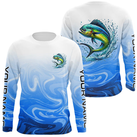 Maxcorners Blue Camo Mahi Mahi Fishing Custom Long Sleeve Shirts, Mahimahi Saltwater Fishing Apparel MT2108