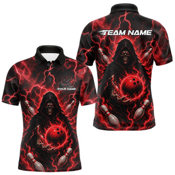 Maxcorners Custom Red Lightning Grim Reaper Bowling Men Polo Shirt, Halloween Bowler Outfit