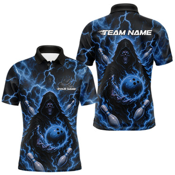 Maxcorners Custom Blue Lightning Grim Reaper Bowling Men Polo Shirt, Halloween Bowler Outfit