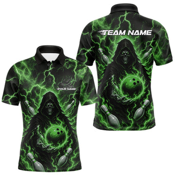 Maxcorners Custom Green Lightning Grim Reaper Bowling Men Polo Shirt, Halloween Bowler Outfit
