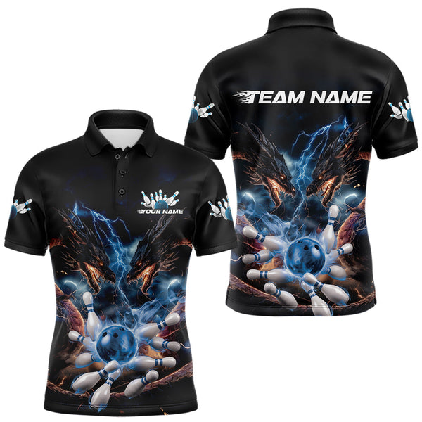 Maxcorners Custom Blue Lightning Flame Dragons Bowling Men Polo Shirt, Fire Dragon Bowling Jerseys TU0909
