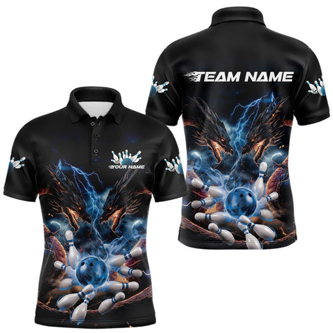 Maxcorners Custom Blue Lightning Flame Dragons Bowling Men Polo Shirt, Fire Dragon Bowling Jerseys TU0909