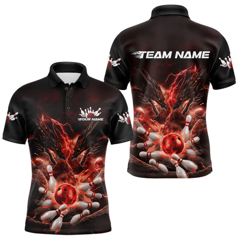Maxcorners Custom Red Lightning Flame Dragons Bowling Men Polo Shirt, Fire Dragon Bowling Jerseys TU0909