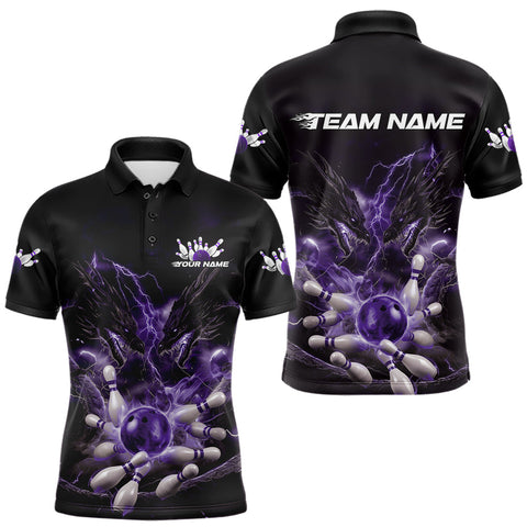 Maxcorners Custom Purple Lightning Flame Dragons Bowling Men Polo Shirt, Fire Dragon Bowling Jerseys TU0909
