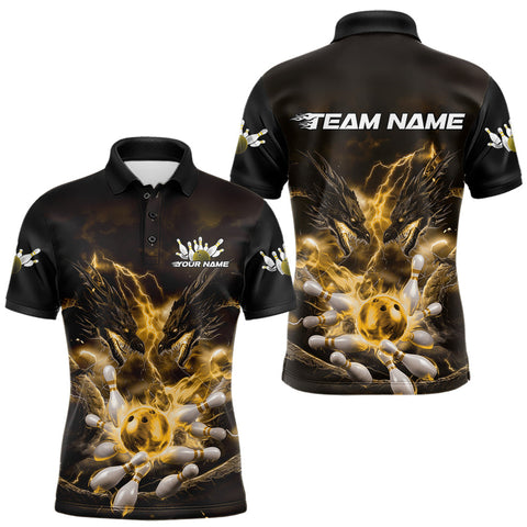 Maxcorners Custom Yellow Lightning Flame Dragons Bowling Men Polo Shirt, Fire Dragon Bowling Jerseys TU0909