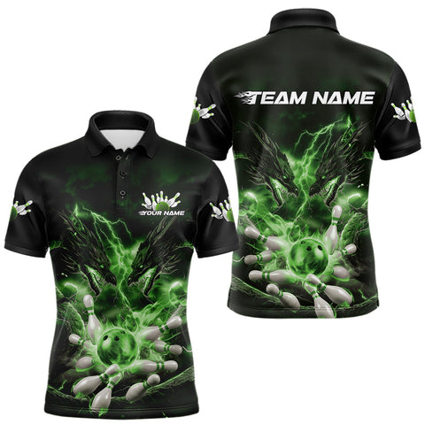 Maxcorners Custom Green Lightning Flame Dragons Bowling Men Polo Shirt, Fire Dragon Bowling Jerseys TU0909