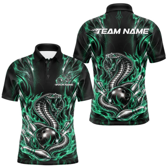 Maxcorners Black And Green Flame Cobra Snake Custom Bowling Men Polo Shirt, Bowling League Shirt