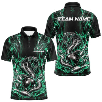 Maxcorners Black And Green Flame Cobra Snake Custom Bowling Men Polo Shirt, Bowling League Shirt